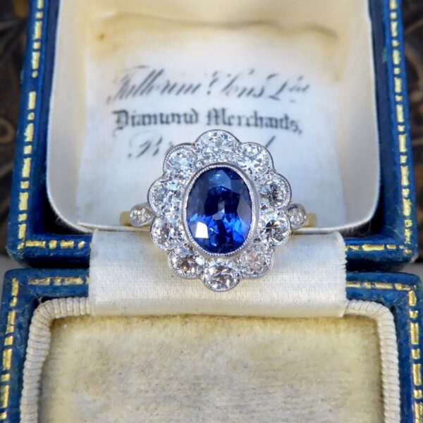 Sapphire 1.65ct and European Cut Diamond Cluster Ring
