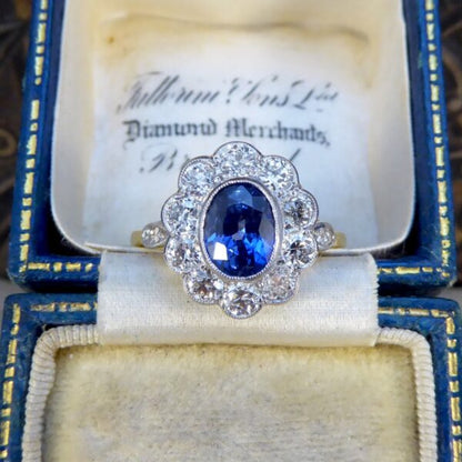 Sapphire 1.65ct and European Cut Diamond Cluster Ring