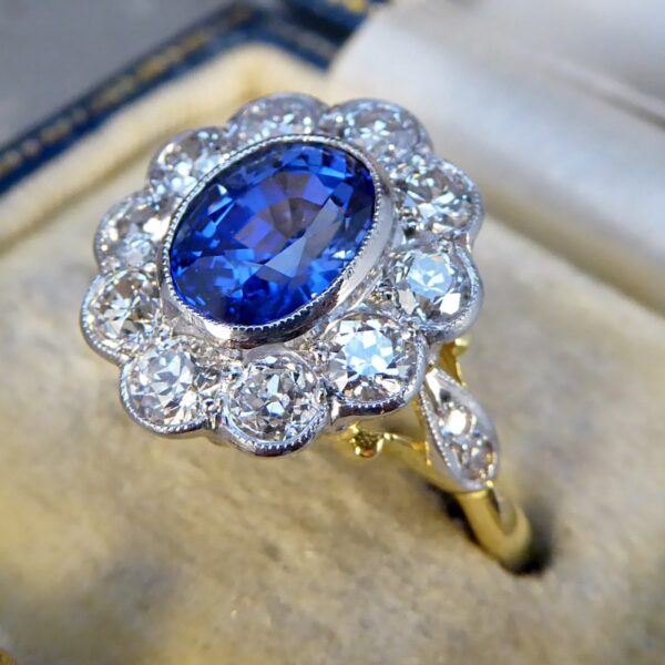 Sapphire 1.65ct and European Cut Diamond Cluster Ring