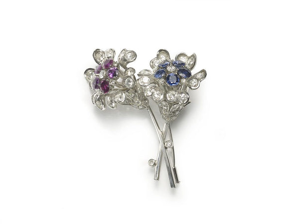Vintage Sapphire, Diamond & Ruby Flower Brooch