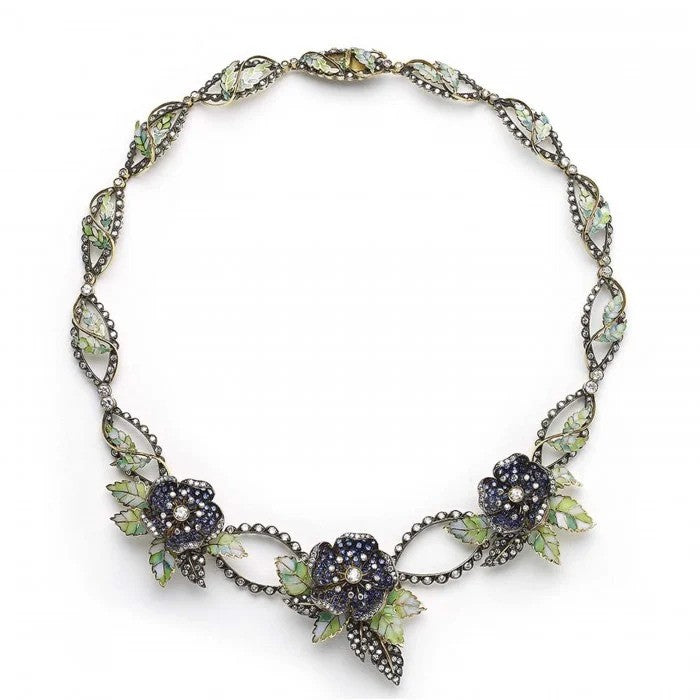 Sapphire Diamond and Green Plique a Jour Enamel Flower and Leaf Necklace