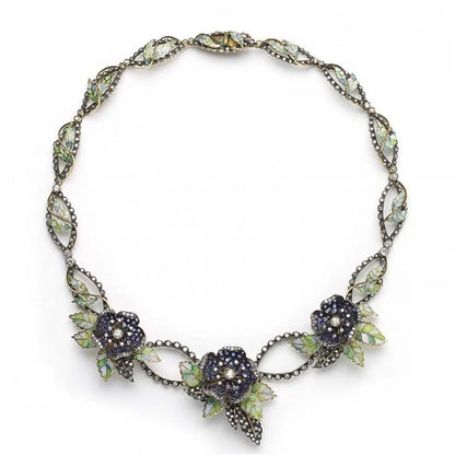 Sapphire Diamond and Green Plique a Jour Enamel Flower and Leaf Necklace