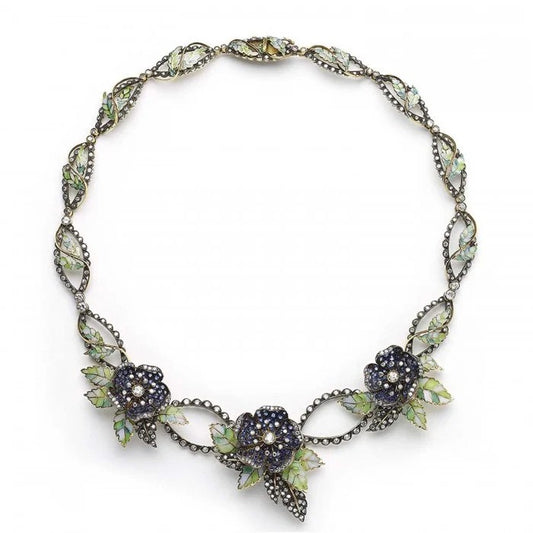 Sapphire Diamond and Green Plique a Jour Enamel Flower and Leaf Necklace
