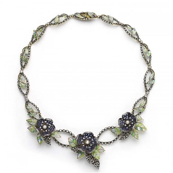 Sapphire Diamond and Green Plique a Jour Enamel Flower and Leaf Necklace