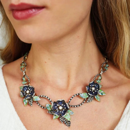 Sapphire Diamond and Green Plique a Jour Enamel Flower and Leaf Necklace
