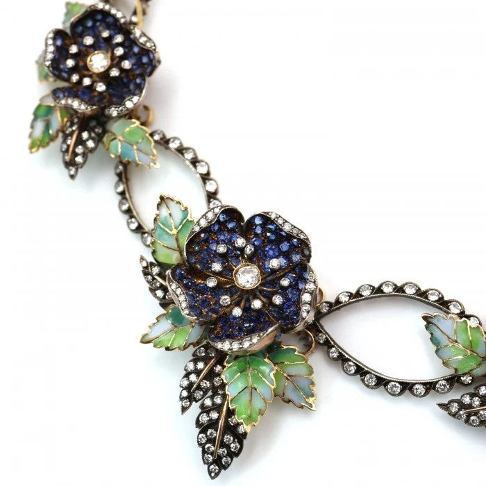 Sapphire Diamond and Green Plique a Jour Enamel Flower and Leaf Necklace