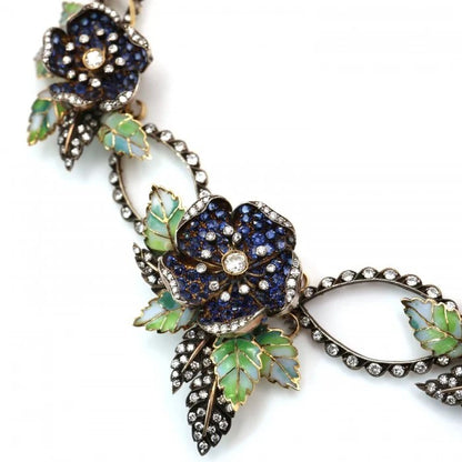 Sapphire Diamond and Green Plique a Jour Enamel Flower and Leaf Necklace