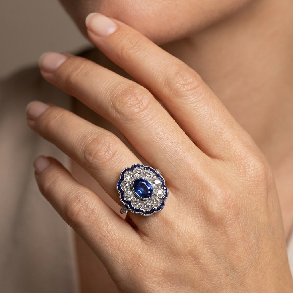 Art Deco Sapphire and Diamond Cluster Engagement Ring,Oval shape 1920s