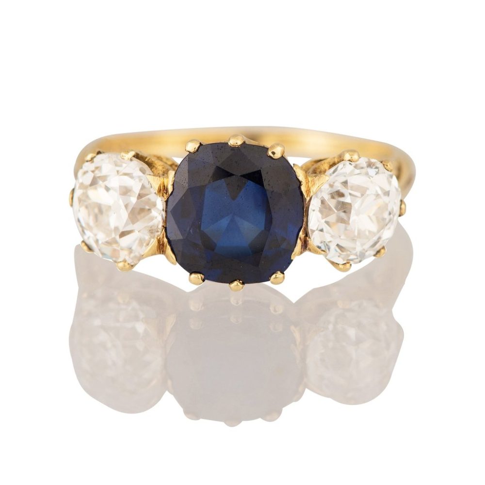 Late Victorian Sapphire and Diamond Three Stone Ring, totalling 5.47 carats, set in 18ct Yellow Gold, c.1900