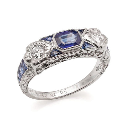 Sapphire and Diamond Floral Three Stone Ring