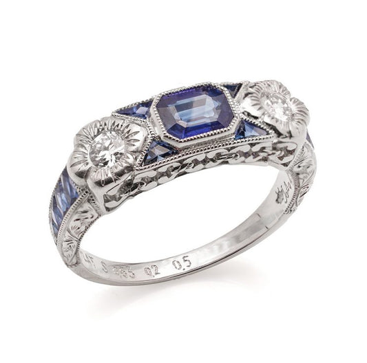 Sapphire and Diamond Floral Three Stone Ring