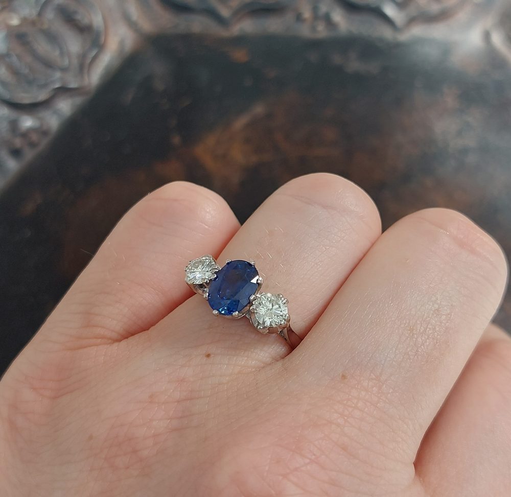 Sapphire and Diamond Three Stone Ring in Platinum 1.71 carats