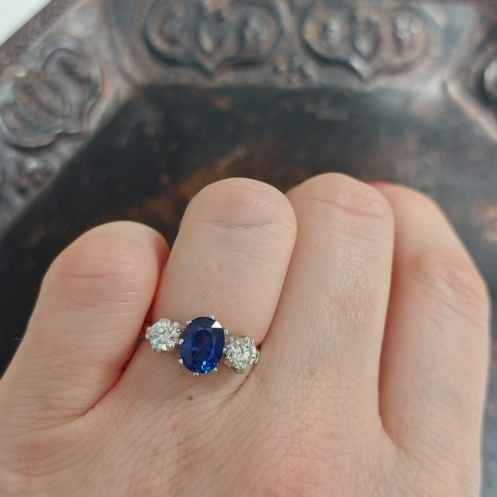 Sapphire and Diamond Three Stone Ring in Platinum 1.71 carats