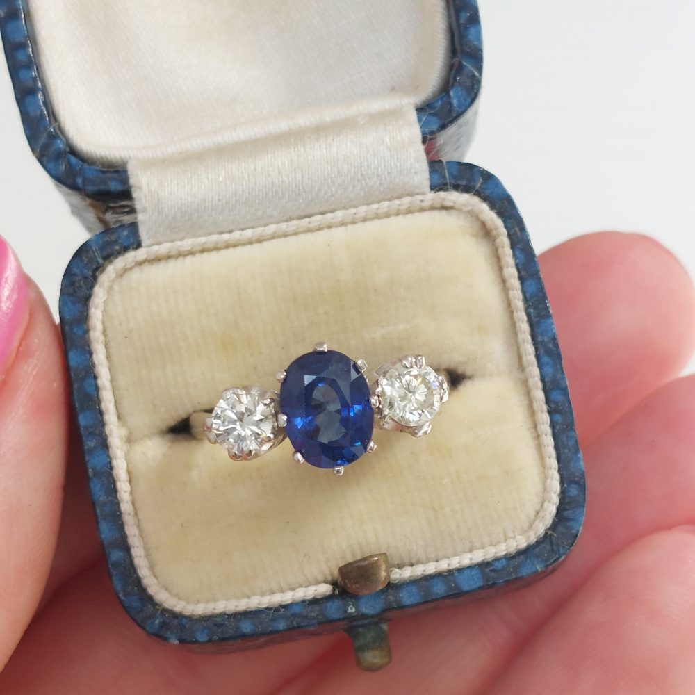 Sapphire and Diamond Three Stone Ring in Platinum 1.71 carats