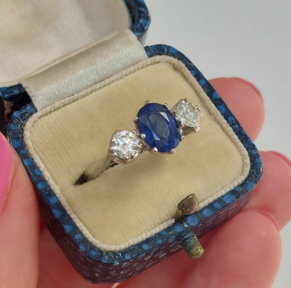 Sapphire and Diamond Three Stone Ring in Platinum 1.71 carats