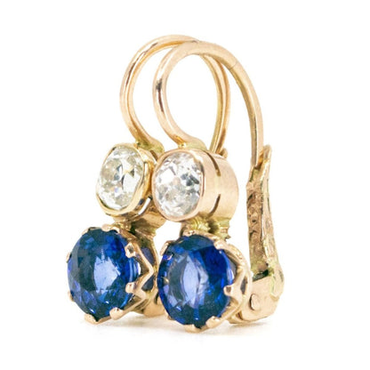 Sapphire and Old Mine Cut Diamond Gold Earrings
