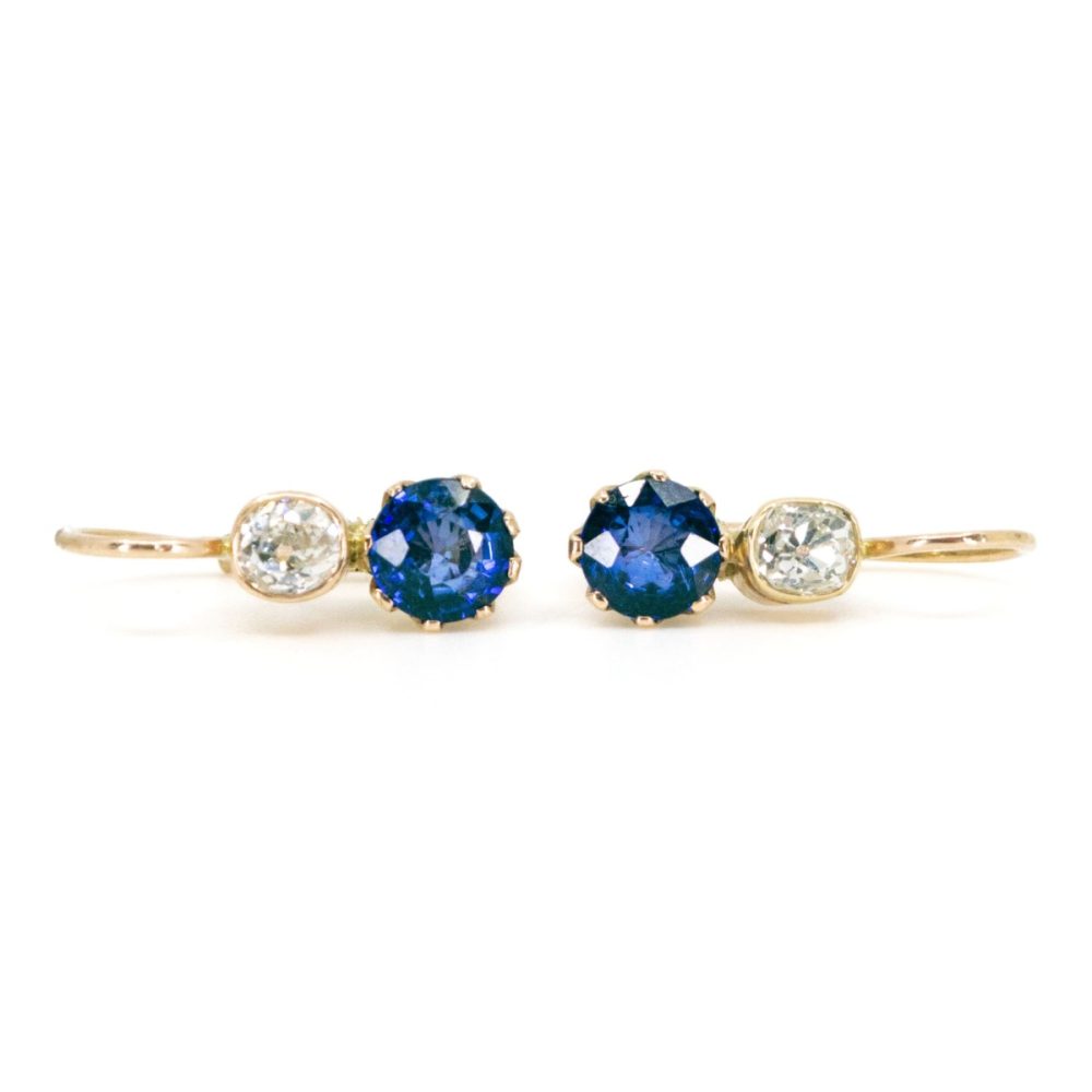Sapphire and Old Mine Cut Diamond Gold Earrings