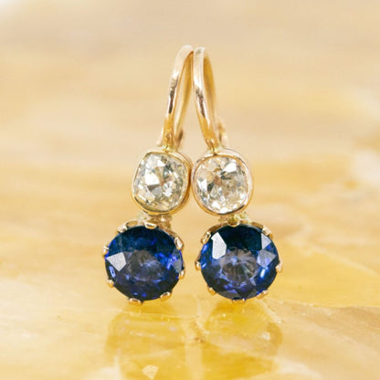 Sapphire and Old Mine Cut Diamond Gold Earrings