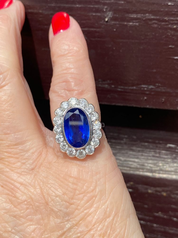 Vintage 4ct Sapphire and Diamond Cluster Ring in 18ct White Gold
