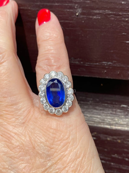 Vintage 4ct Sapphire and Diamond Cluster Ring in 18ct White Gold