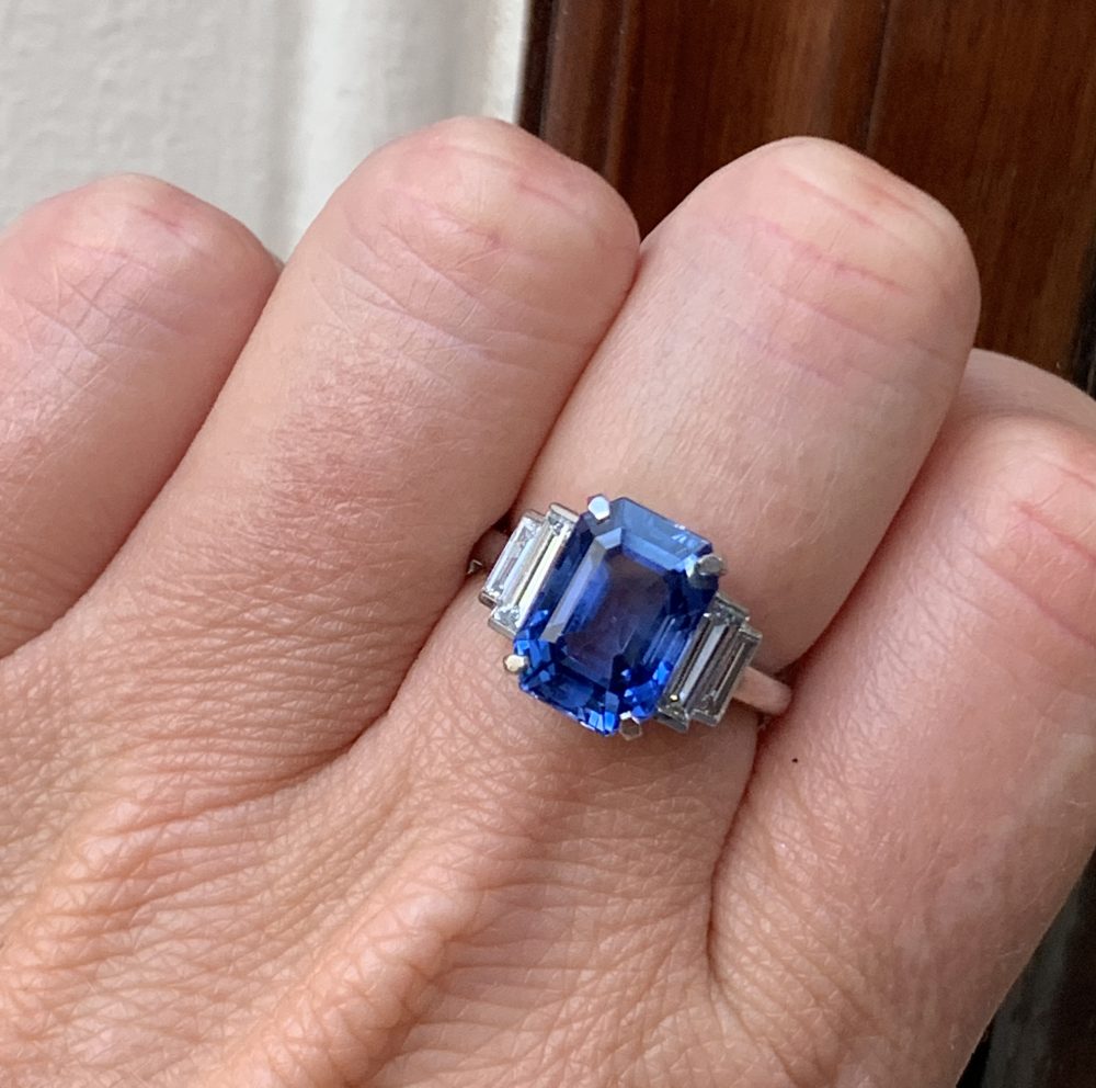 Art Deco Style 6.67ct Sapphire and Diamond Platinum Ring