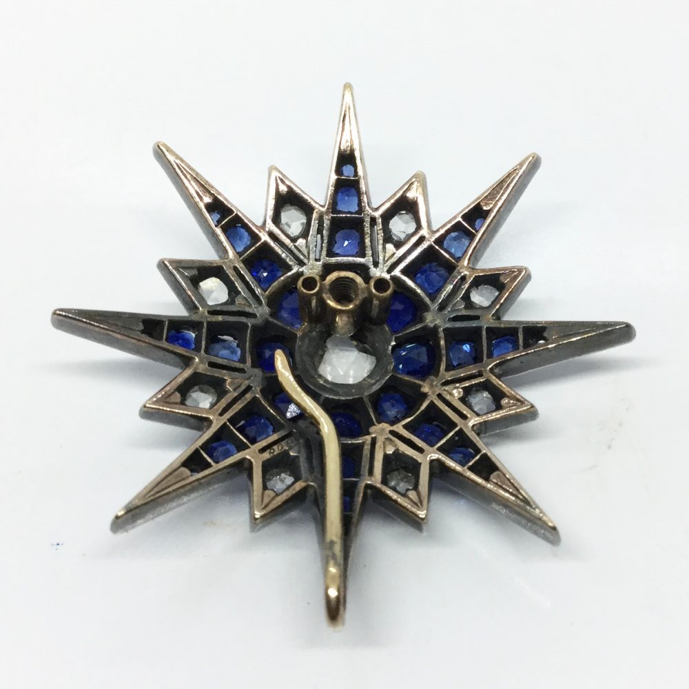 Antique Victorian Sapphire and Diamond Eight Pointed Star Pendant Brooch