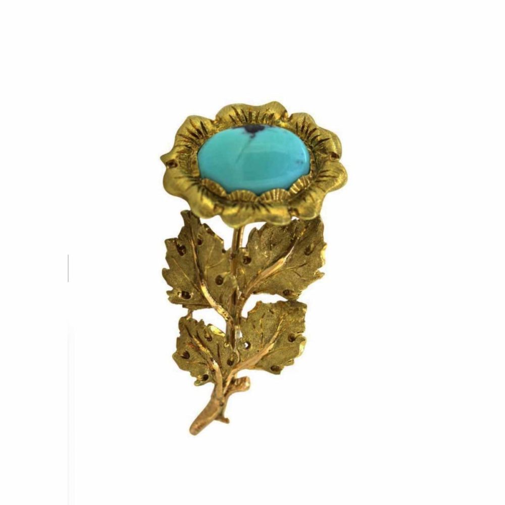 Vintage Buccellati Flower  Gold and Turquoise Brooch, 1970's