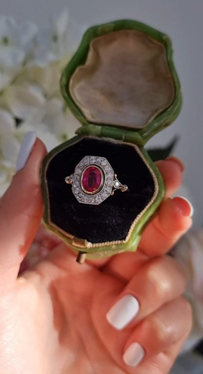 Vintage Burma ruby and diamond cluster ring in platinum and 18ct yellow gold