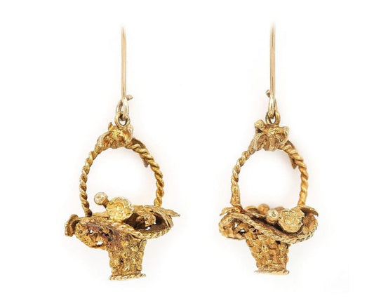 Vintage Gold Basket and Flowers Drop Earrings