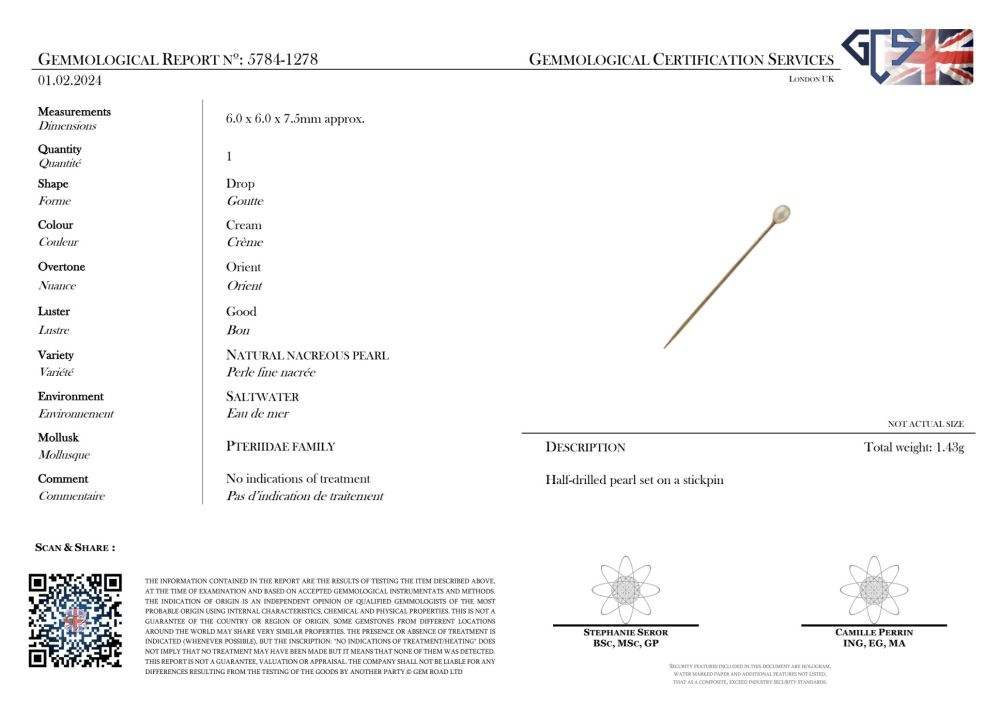 Tiffany & Co 14 Carat Gold Natural Pearl Stick Pin