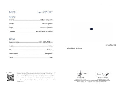 Certified 2.39ct Natural No Heat Burma Sapphire and Baguette Diamond Three Stone Engagement Ring in Platinum