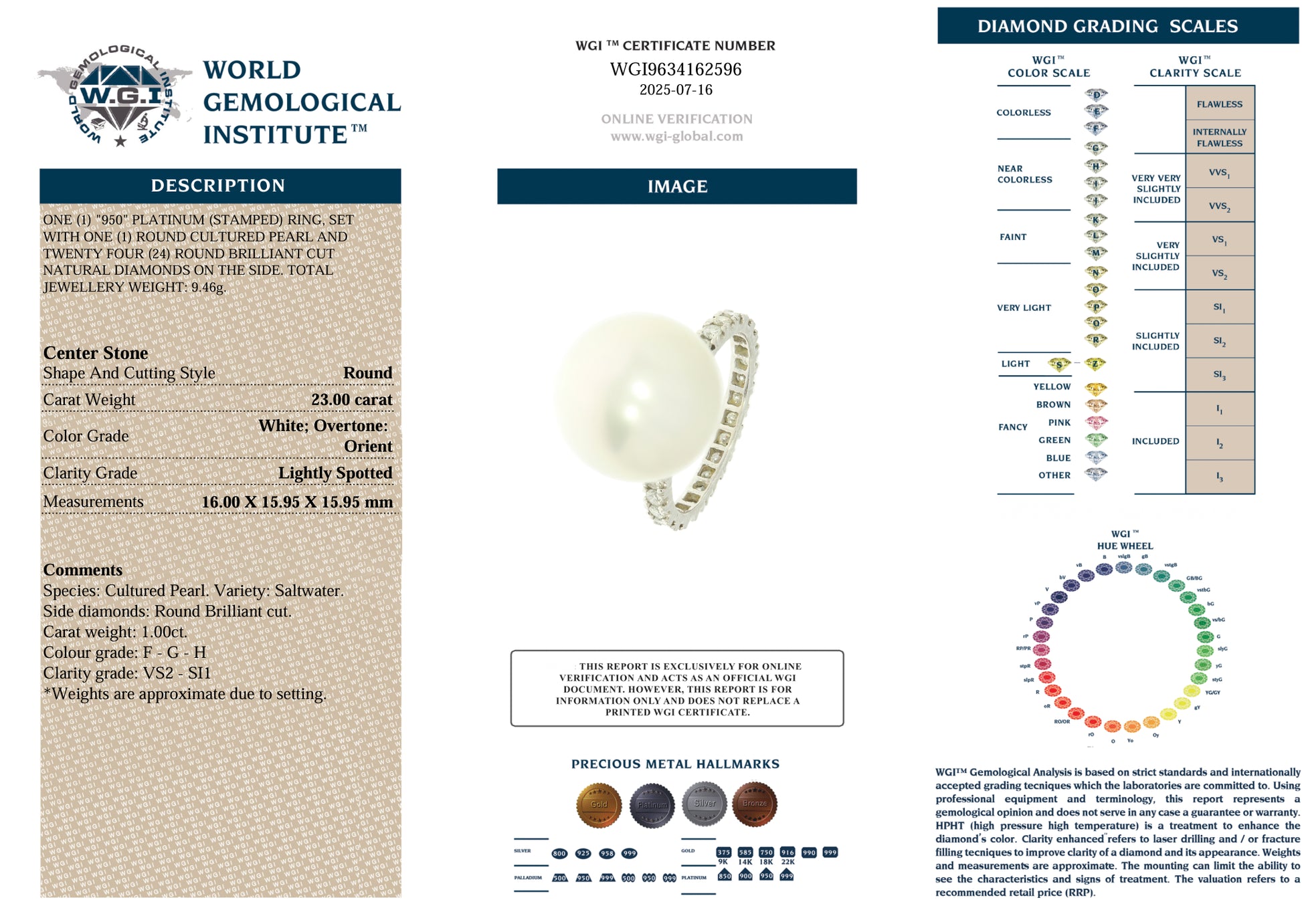 Platinum Cultured Saltwater Pearl and Diamond Ring