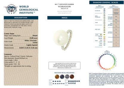 Platinum Cultured Saltwater Pearl and Diamond Ring