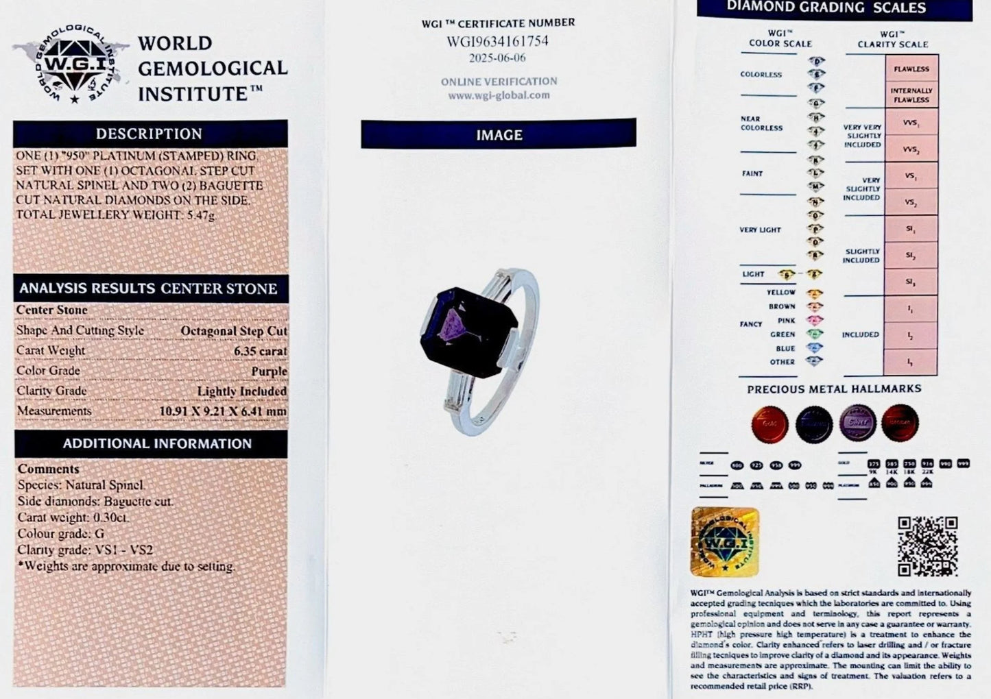 6ct Purple Spinel and Baguette Diamond Engagement Ring in Platinum