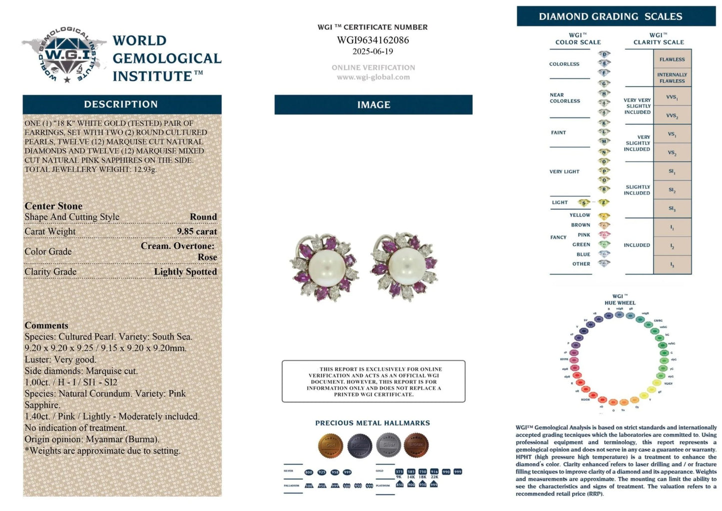 A WGI certificate displaying a pair of white gold pearl, pink sapphire and diamond earrings