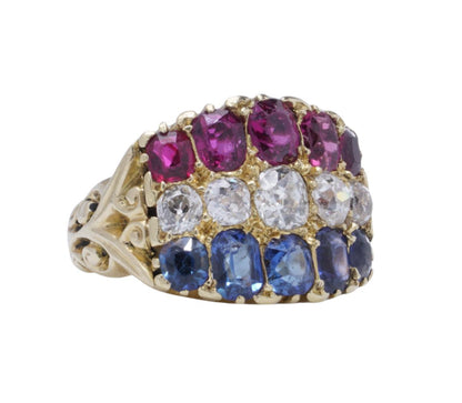 18 Carat Gold Ruby, Diamond And Blue Sapphire Ring