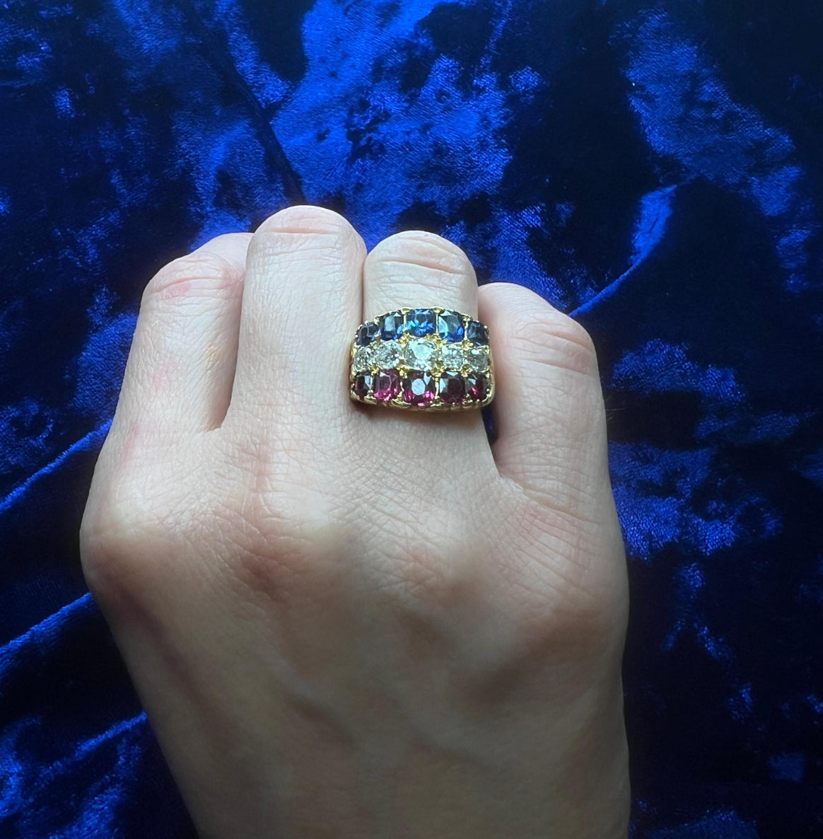 18 Carat Gold Ruby, Diamond And Blue Sapphire Ring