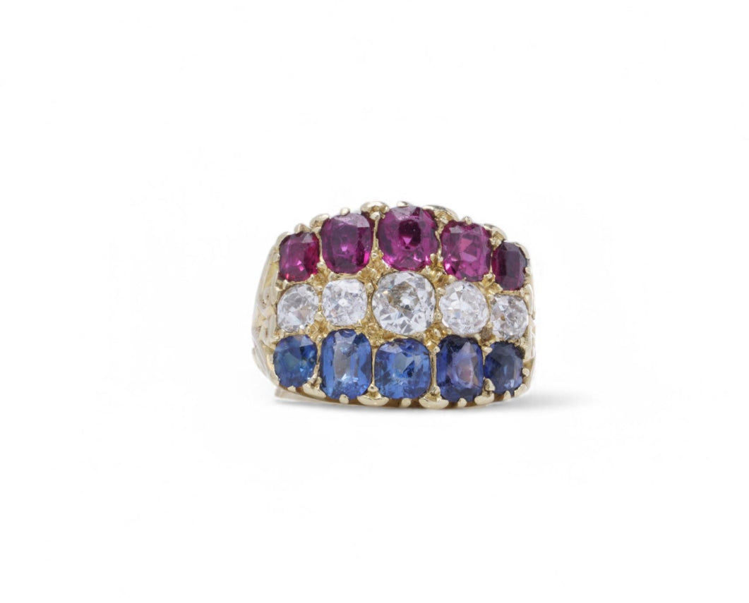18 Carat Gold Ruby, Diamond And Blue Sapphire Ring