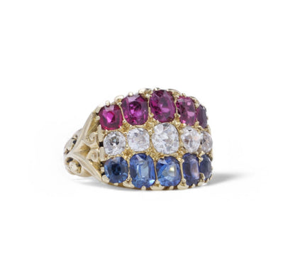 18 Carat Gold Ruby, Diamond And Blue Sapphire Ring