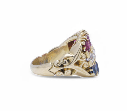 18 Carat Gold Ruby, Diamond And Blue Sapphire Ring
