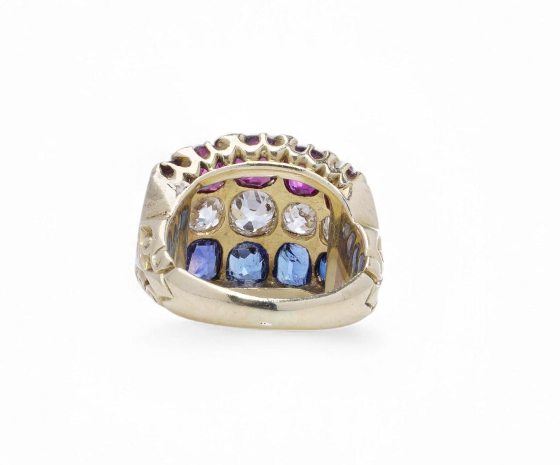 18 Carat Gold Ruby, Diamond And Blue Sapphire Ring