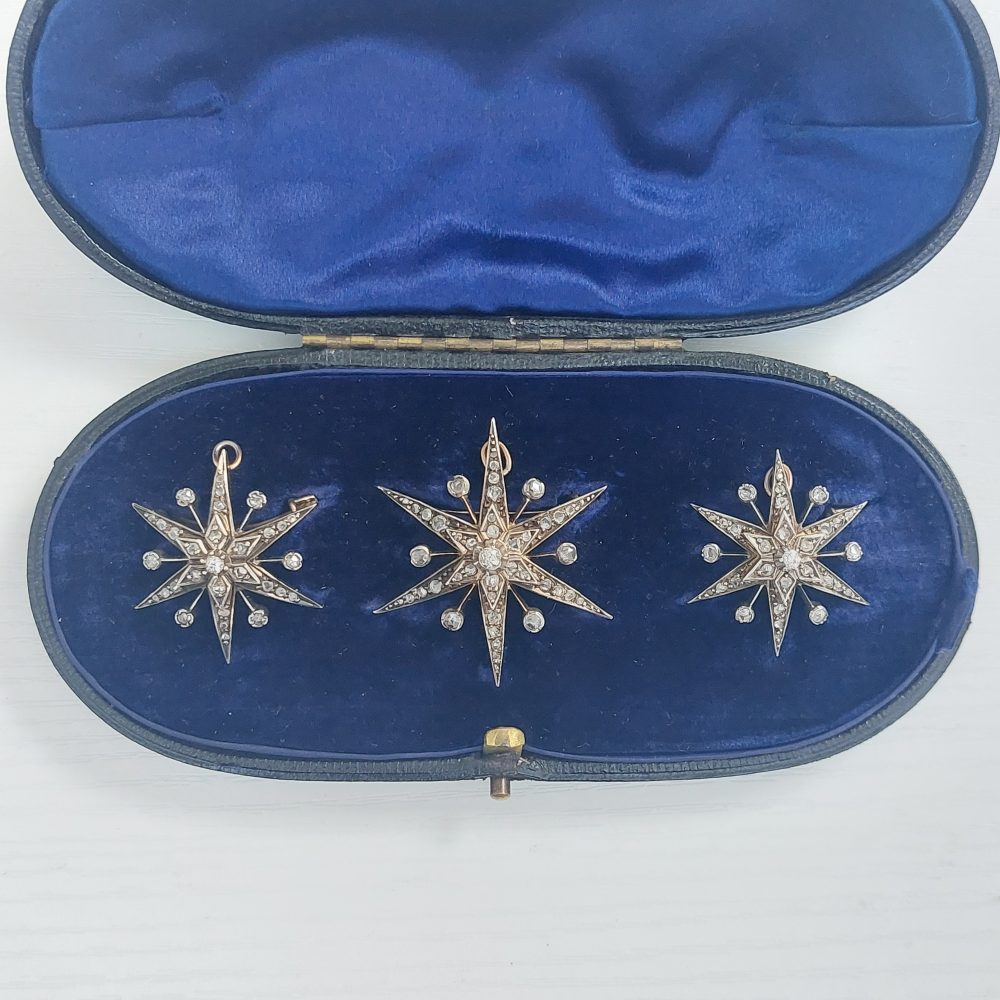 Set of Antique Victorian Diamond Set Star Brooch Pendants