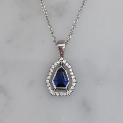 Sheild Sapphire and Diamond Pendant Necklace