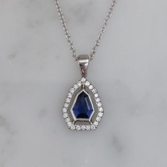 Sheild Sapphire and Diamond Pendant Necklace