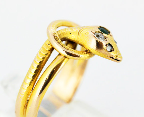 1950's Vintage Snake Ring, with Diamonds and Emerald, 14ct Yellow Gold