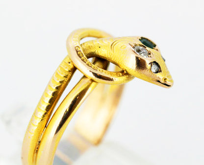 1950's Vintage Snake Ring, with Diamonds and Emerald, 14ct Yellow Gold