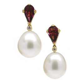 South Sea Pearl, Diamond and Garnet Drop 18ct Gold Earrings