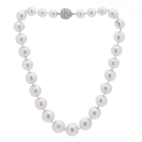 South Sea Pearl Necklace with Diamond Set 18ct White Gold Ball Clasp, 3.46 carats