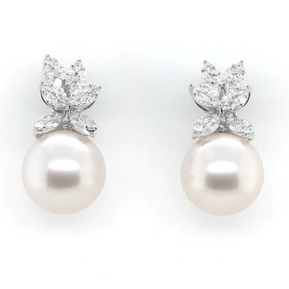 South Sea Pearl and Diamond Cluster Drop Earrings