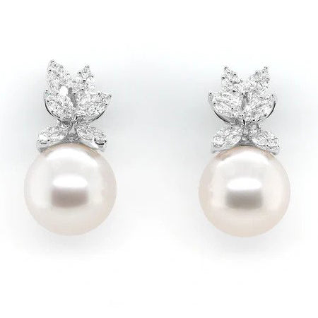 South Sea Pearl and Diamond Cluster Drop Earrings